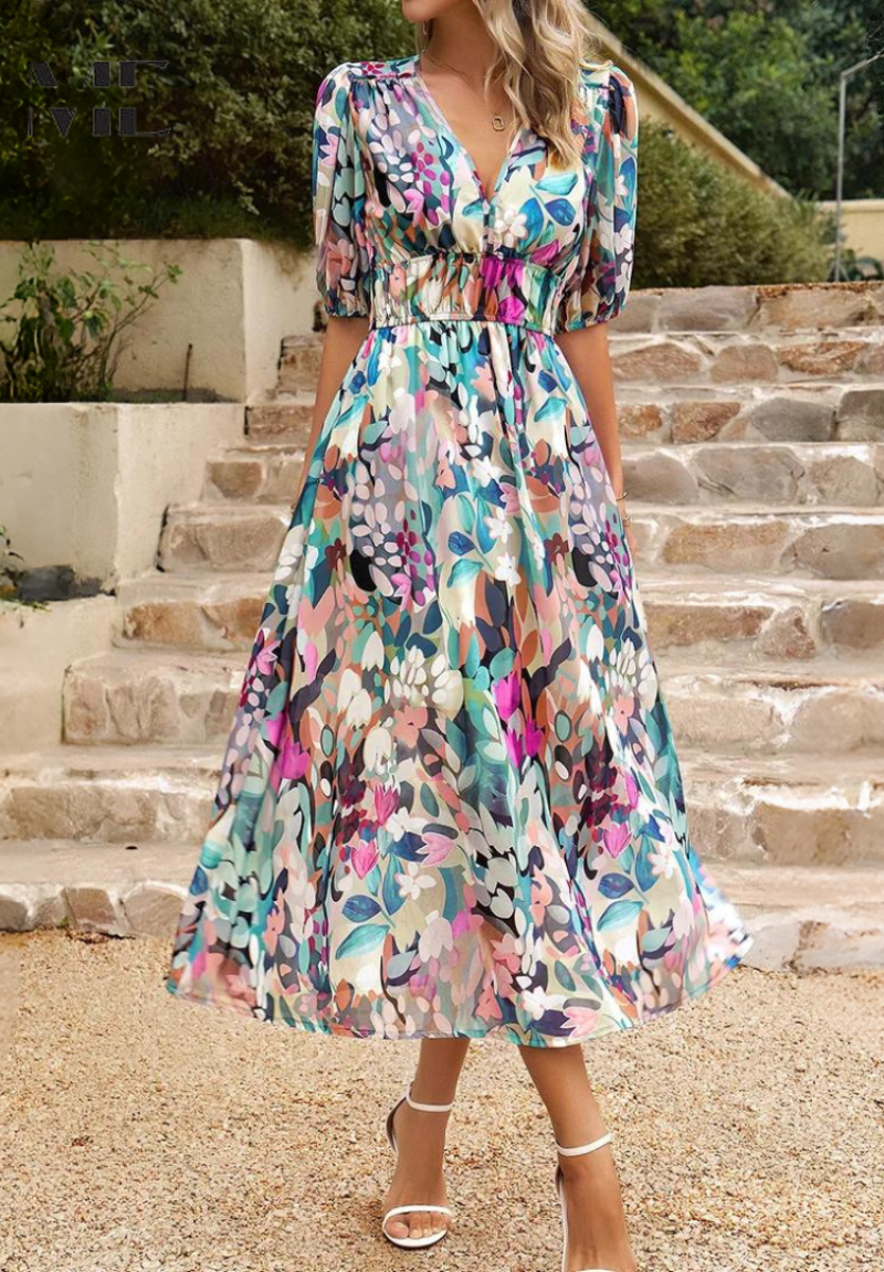 Women's Midi Synthetic Dress with V Neck and Smocked Waist