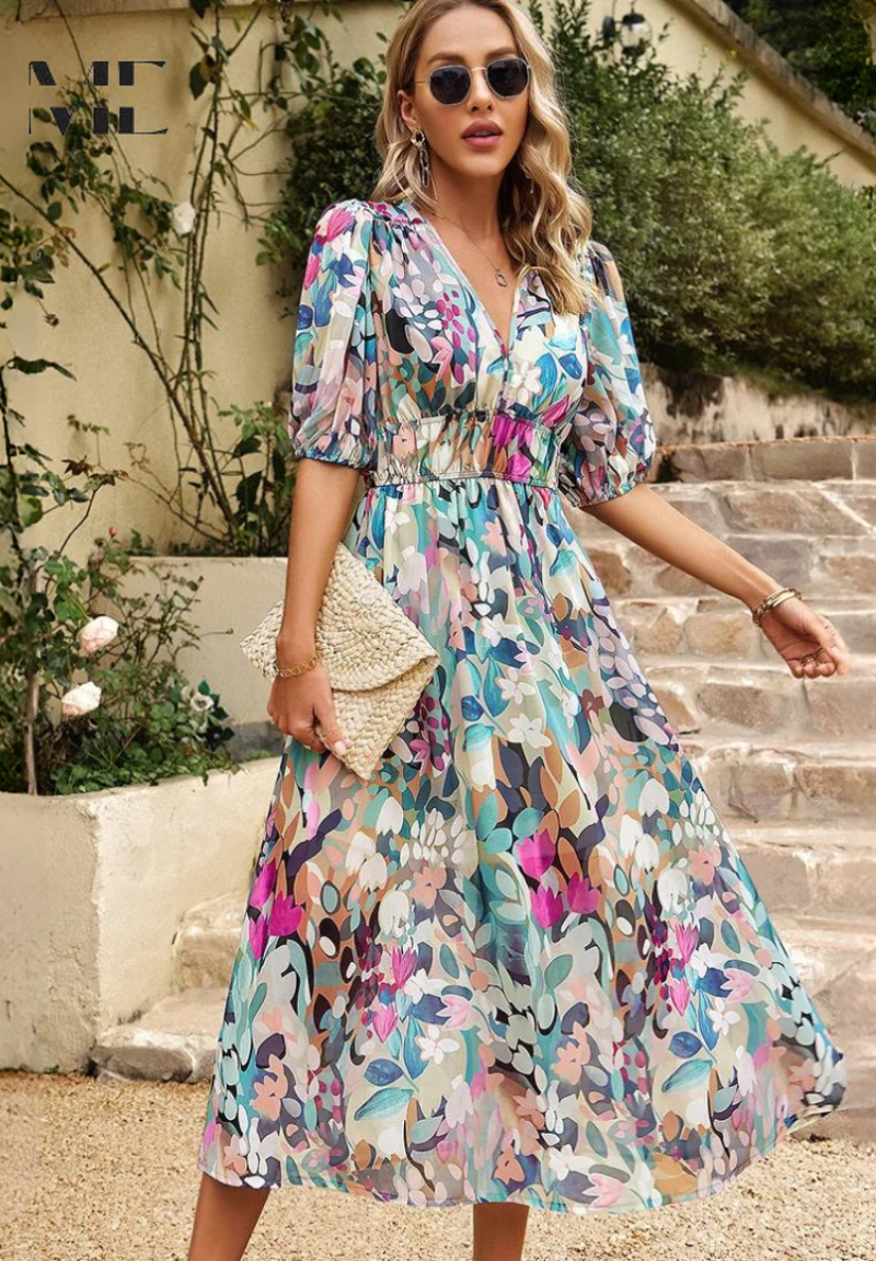 Women's Midi Synthetic Dress with V Neck and Smocked Waist