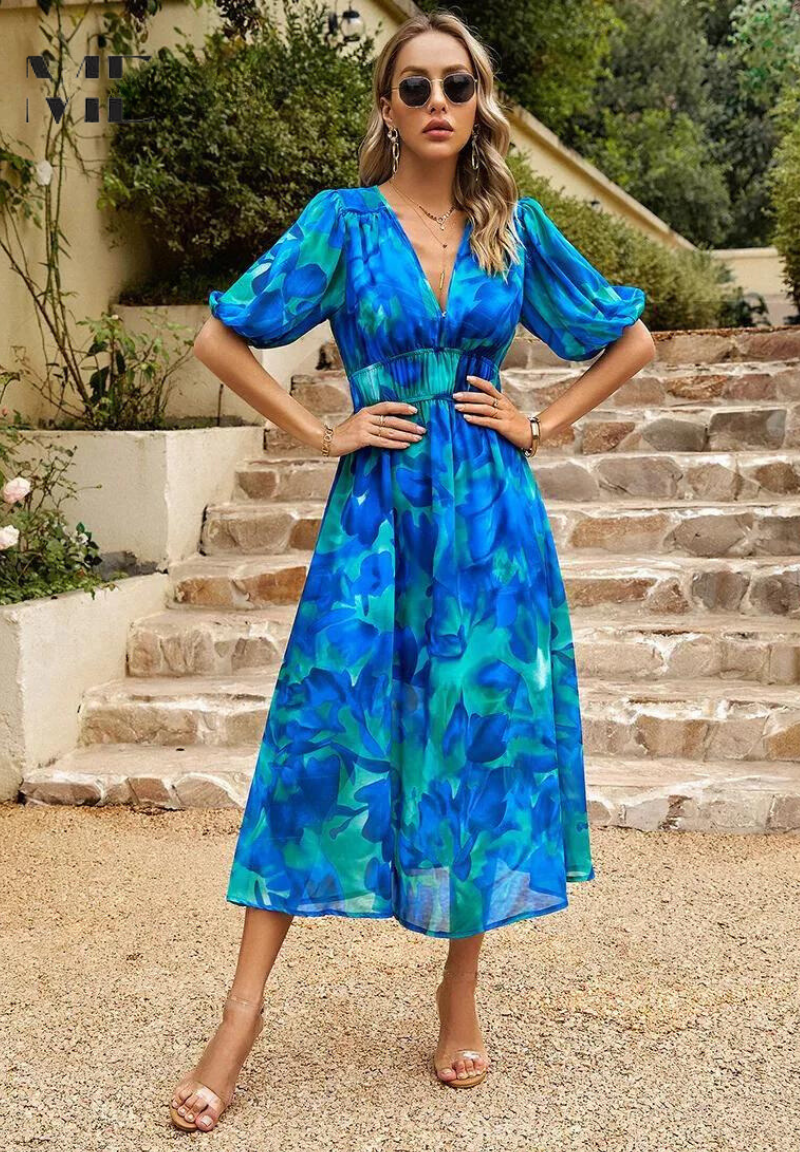 Women's Midi Synthetic Dress with V Neck and Smocked Waist