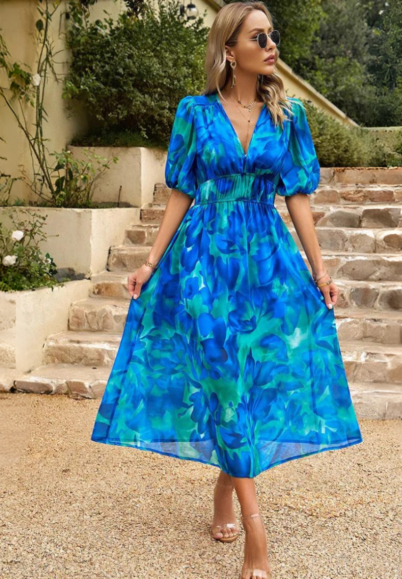 Women's Midi Synthetic Dress with V Neck and Smocked Waist
