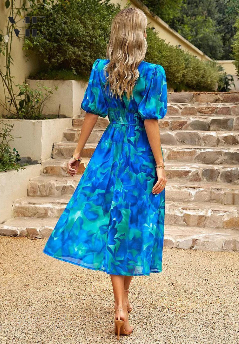 Women's Midi Synthetic Dress with V Neck and Smocked Waist