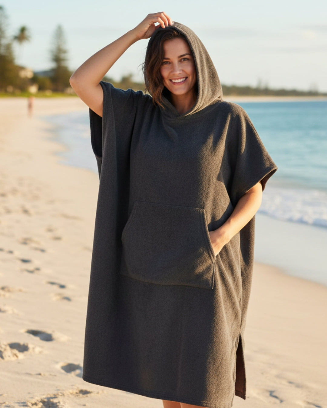 Women's Midi Terry Poncho Dress with Hood and Kangaroo Pocket