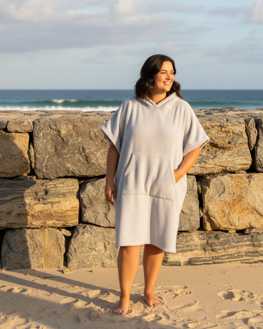 Women's Midi Terry Poncho Dress with Hood and Kangaroo Pocket