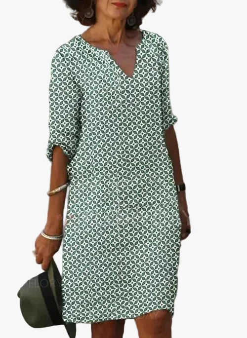 Women's Mini Dress in Woven Material with Split Neck and 3/4 Sleeves