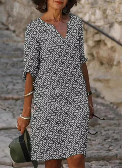 Women's Mini Dress in Woven Material with Split Neck and 3/4 Sleeves