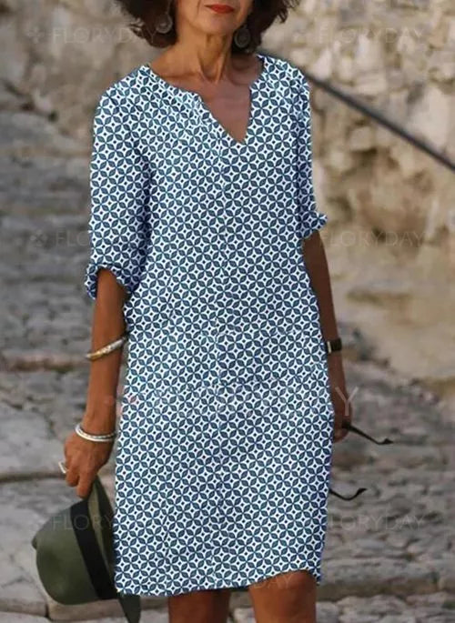 Women's Mini Dress in Woven Material with Split Neck and 3/4 Sleeves