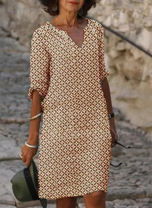 Women's Mini Dress in Woven Material with Split Neck and 3/4 Sleeves