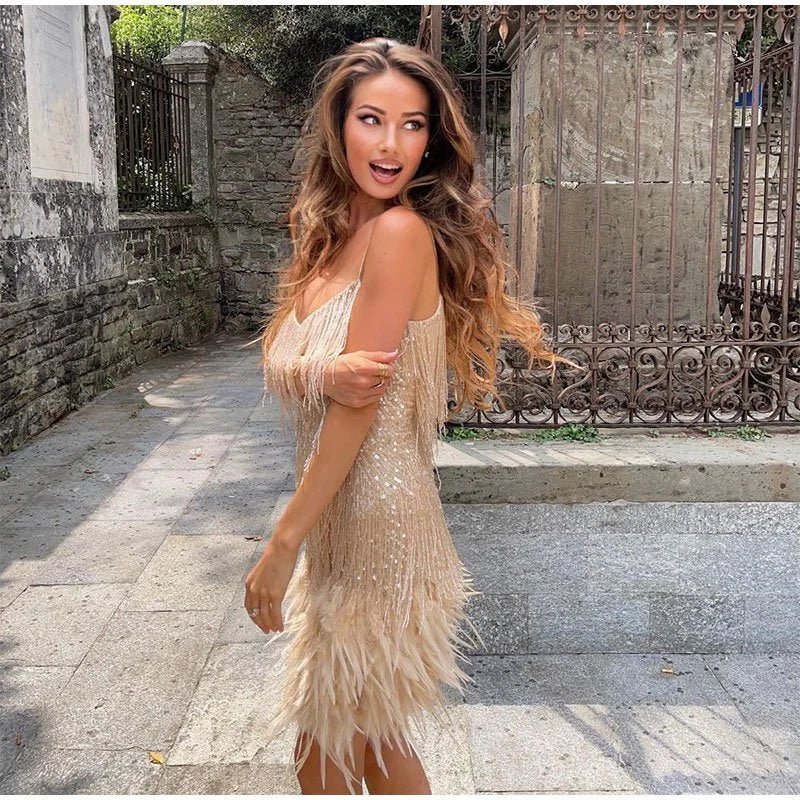 Women's Mini Dress with Sequin Mesh and Feather Hem