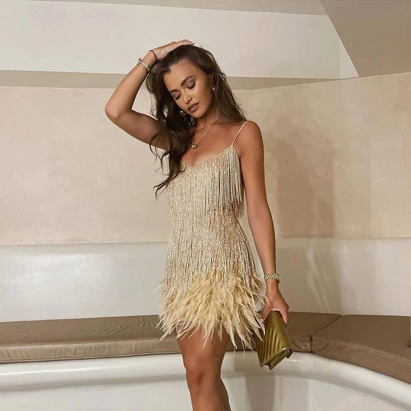 Women's Mini Dress with Sequin Mesh and Feather Hem