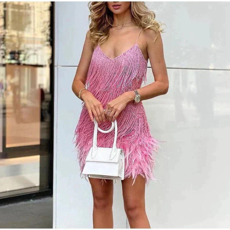 Women's Mini Dress with Sequin Mesh and Feather Hem