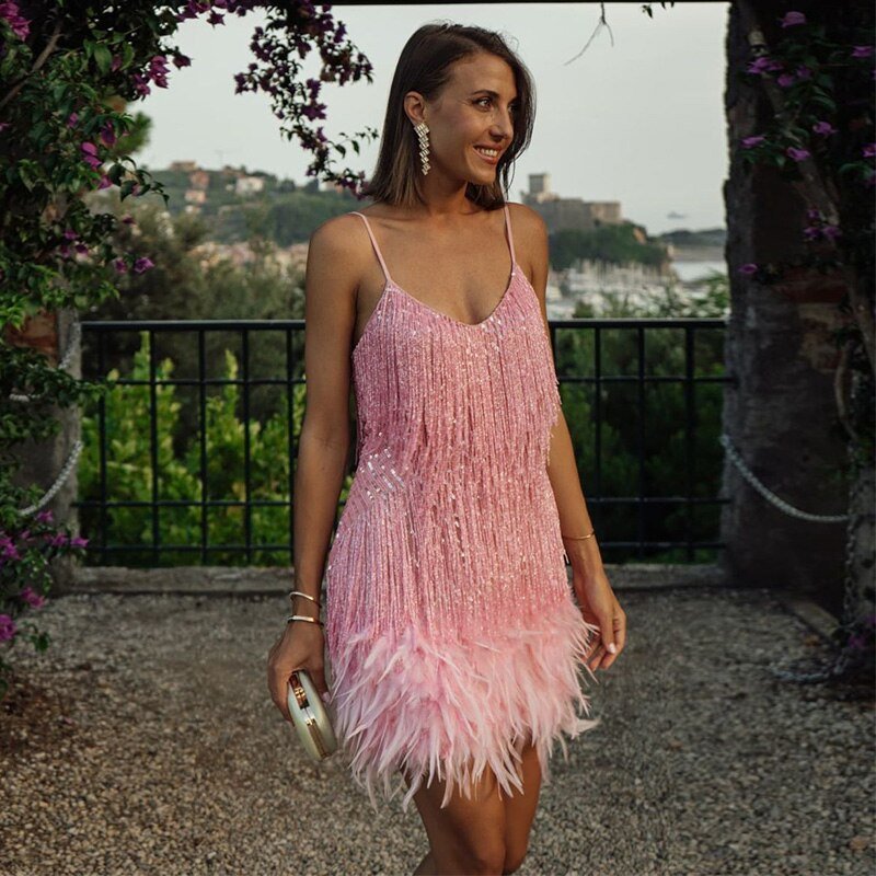 Women's Mini Dress with Sequin Mesh and Feather Hem