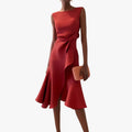 Women's Occasion Woven Midi Dress with Draped Waist and Asymmetric Hem