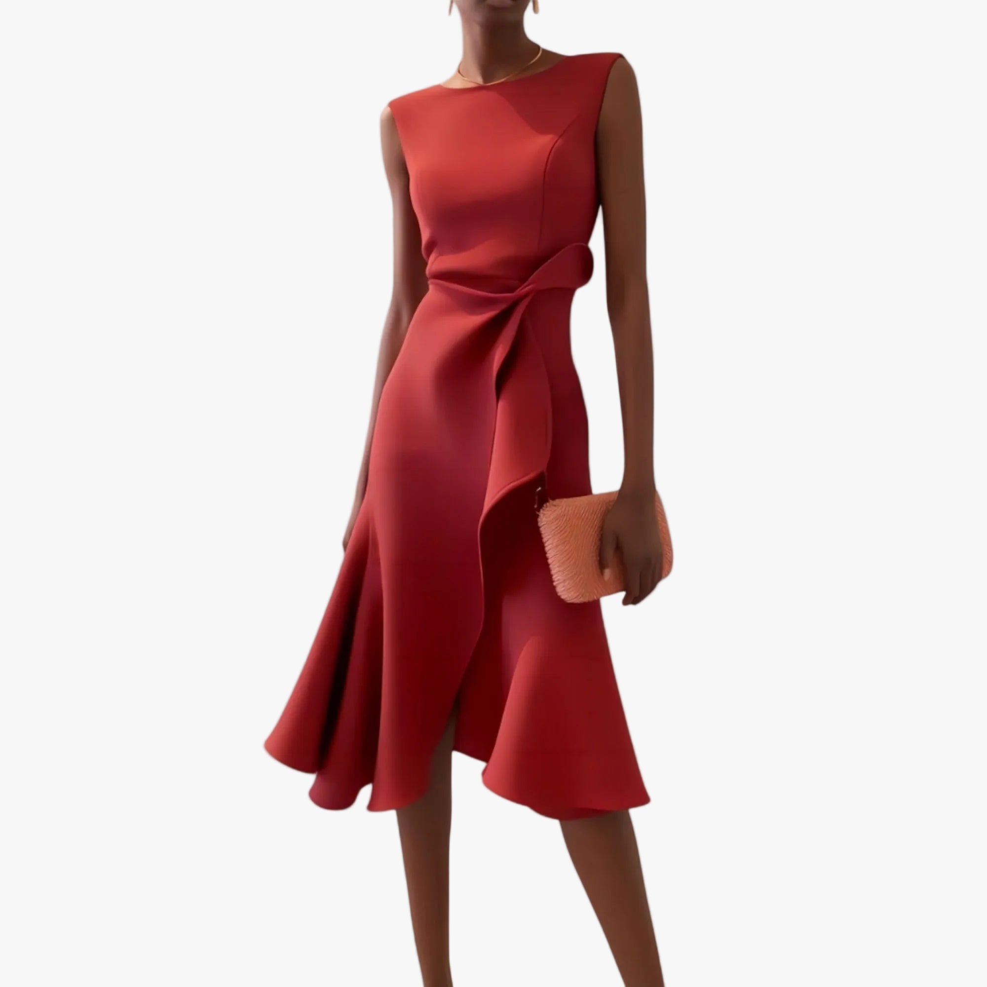 Women's Occasion Woven Midi Dress with Draped Waist and Asymmetric Hem