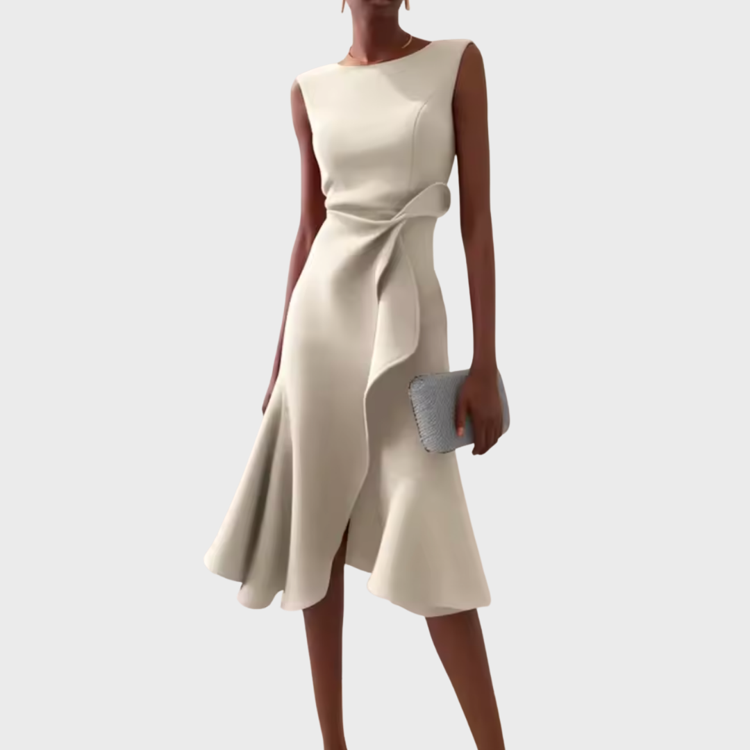 Women's Occasion Woven Midi Dress with Draped Waist and Asymmetric Hem