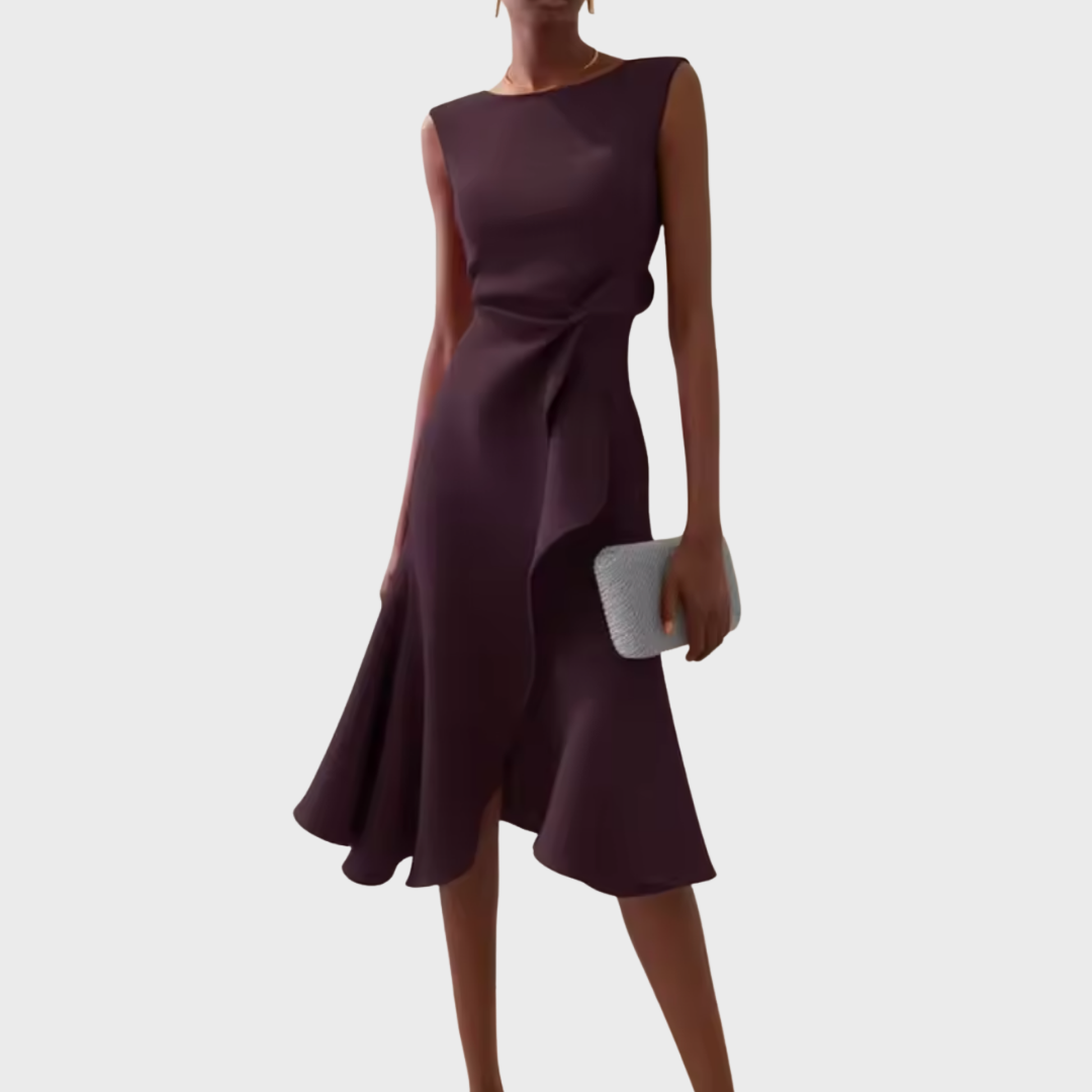 Women's Occasion Woven Midi Dress with Draped Waist and Asymmetric Hem