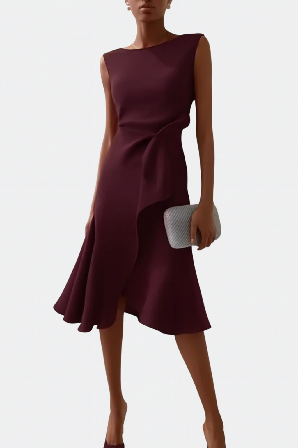 Women's Occasion Woven Midi Dress with Draped Waist and Asymmetric Hem