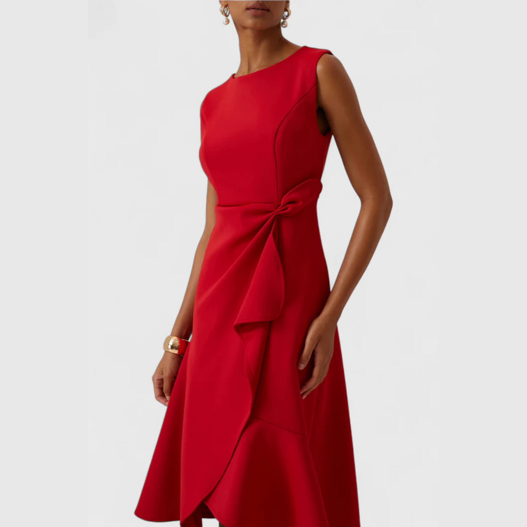 Women's Occasion Woven Midi Dress with Draped Waist and Asymmetric Hem