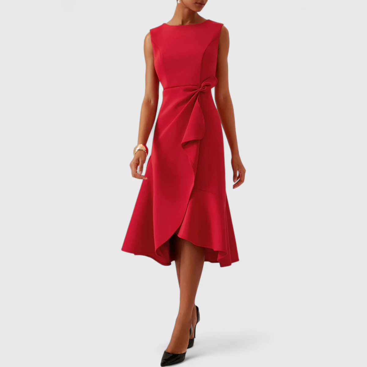 Women's Occasion Woven Midi Dress with Draped Waist and Asymmetric Hem