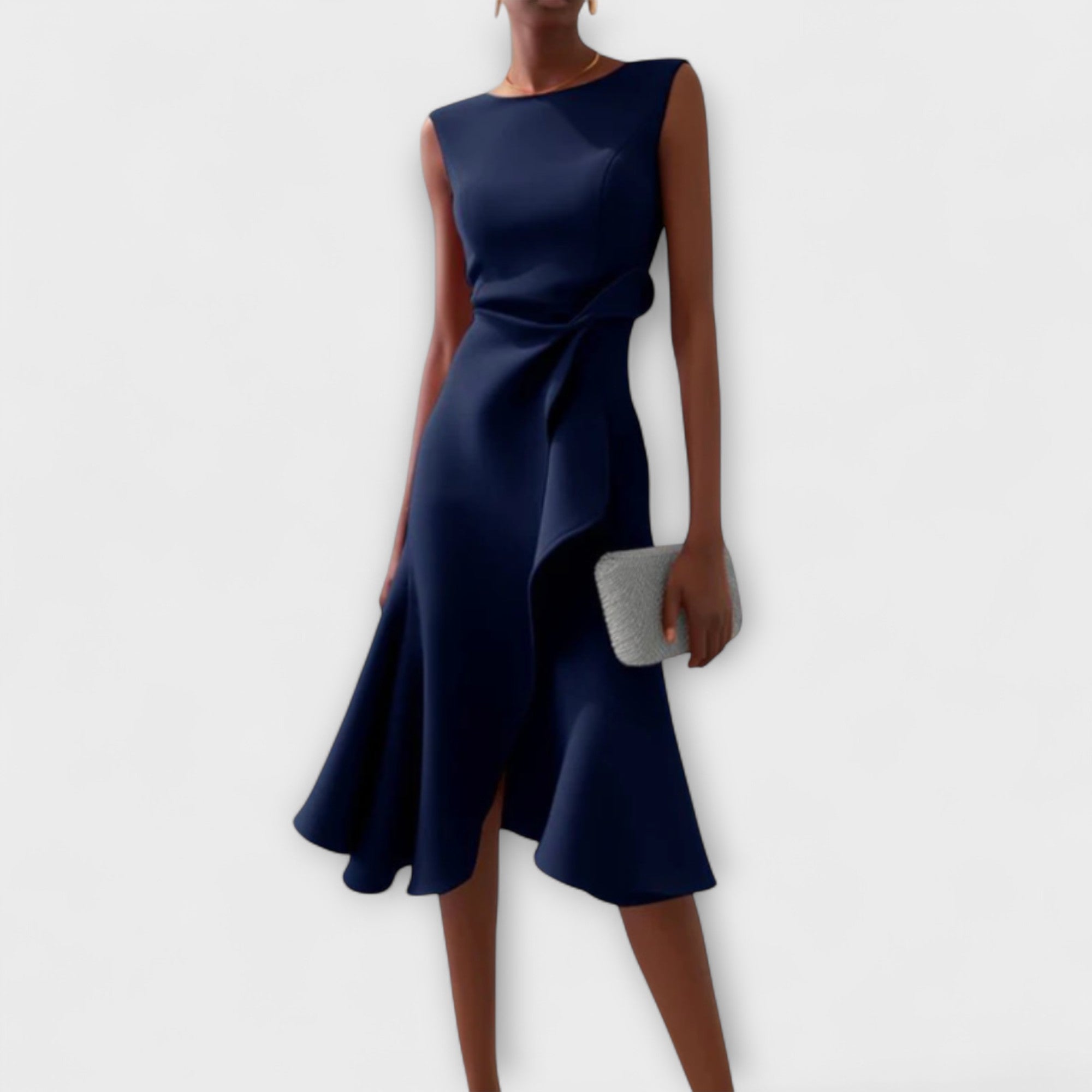 Women's Occasion Woven Midi Dress with Draped Waist and Asymmetric Hem
