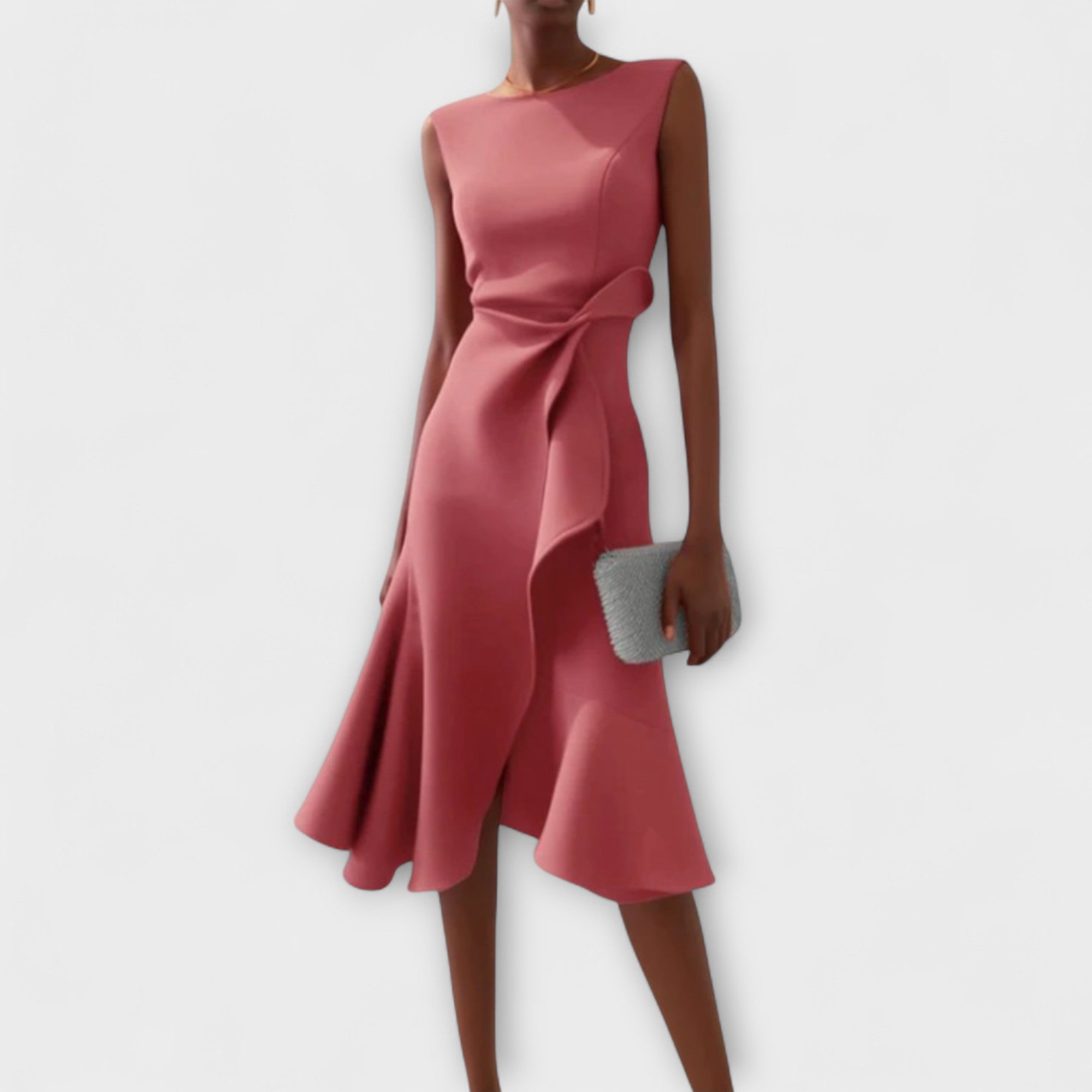 Women's Occasion Woven Midi Dress with Draped Waist and Asymmetric Hem