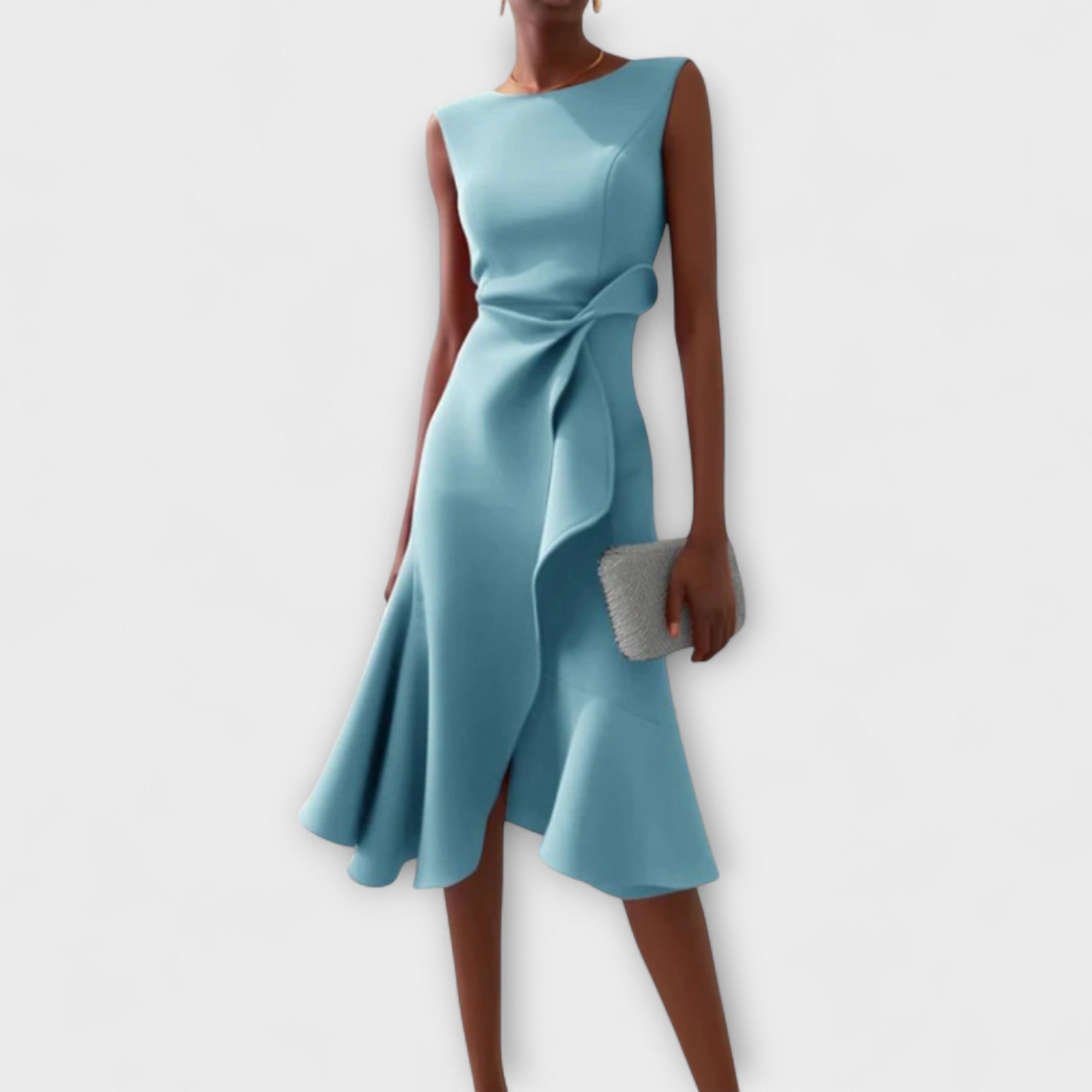 Women's Occasion Woven Midi Dress with Draped Waist and Asymmetric Hem