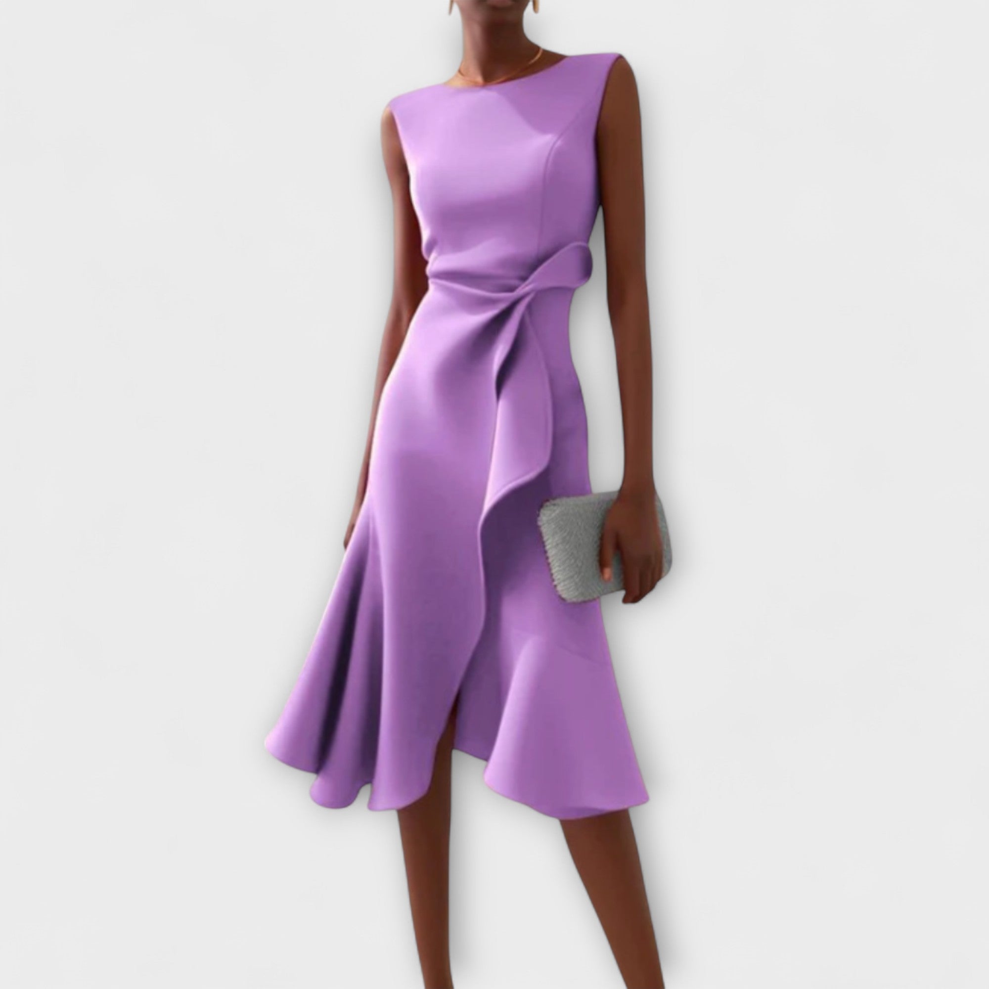 Women's Occasion Woven Midi Dress with Draped Waist and Asymmetric Hem