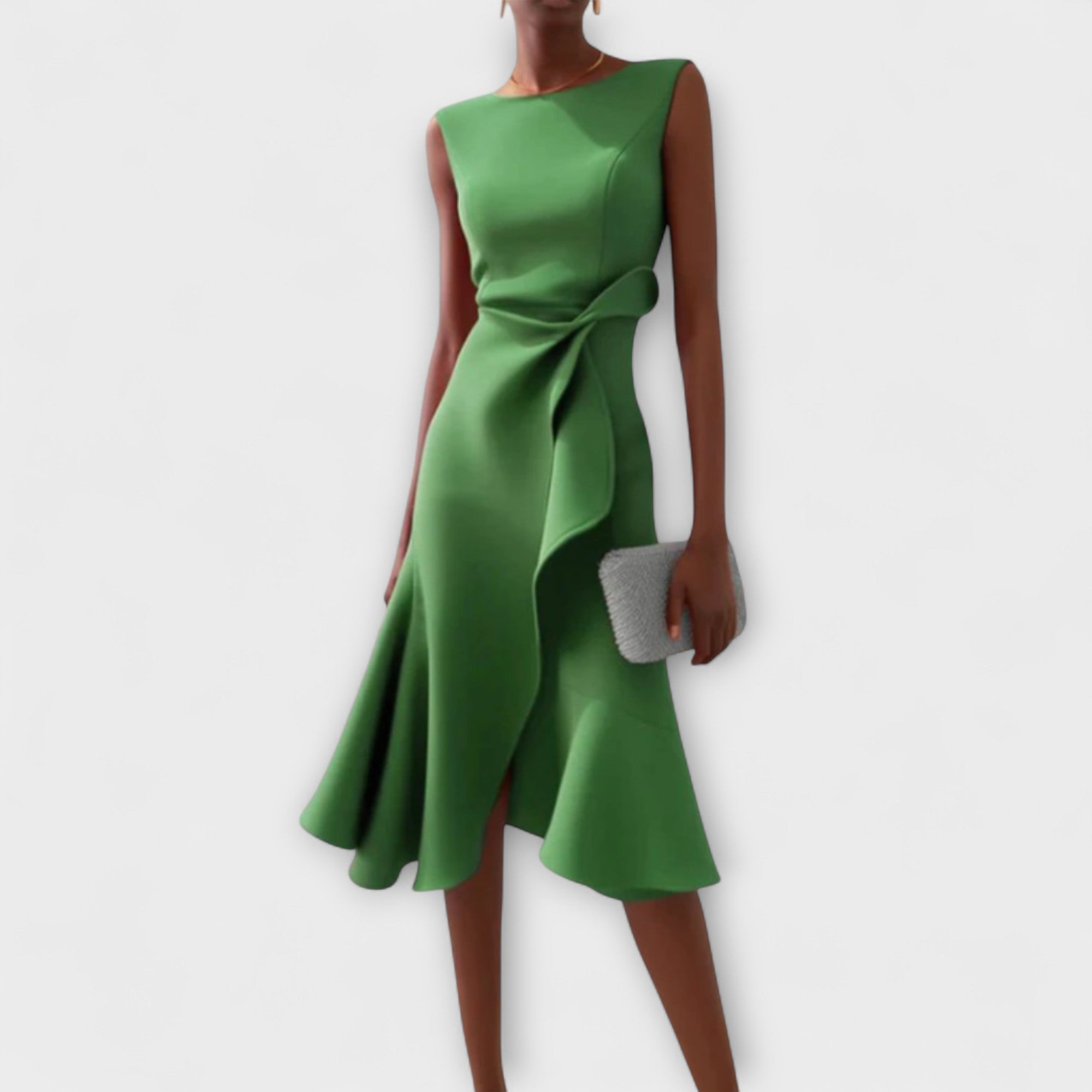 Women's Occasion Woven Midi Dress with Draped Waist and Asymmetric Hem