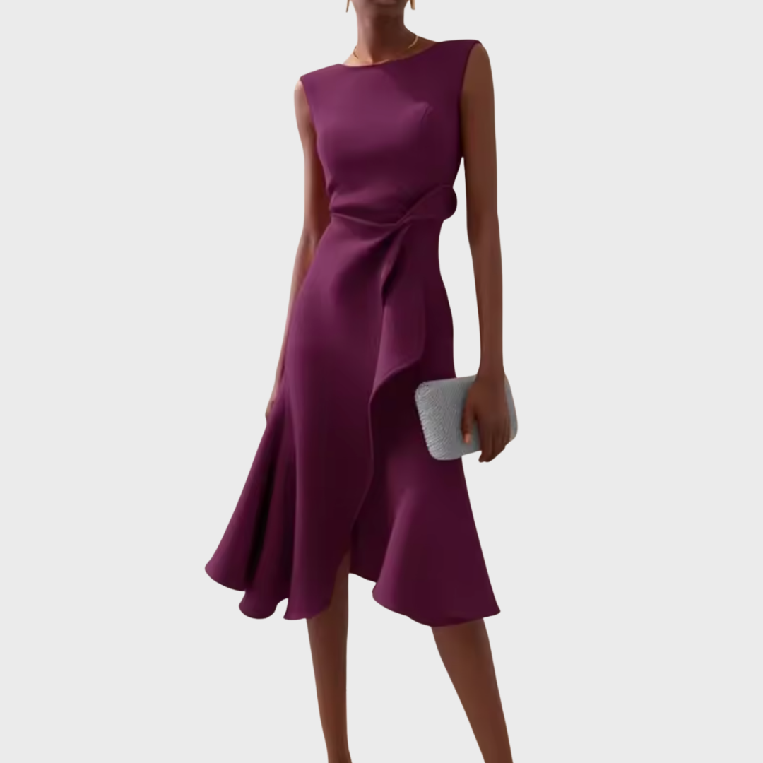 Women's Occasion Woven Midi Dress with Draped Waist and Asymmetric Hem