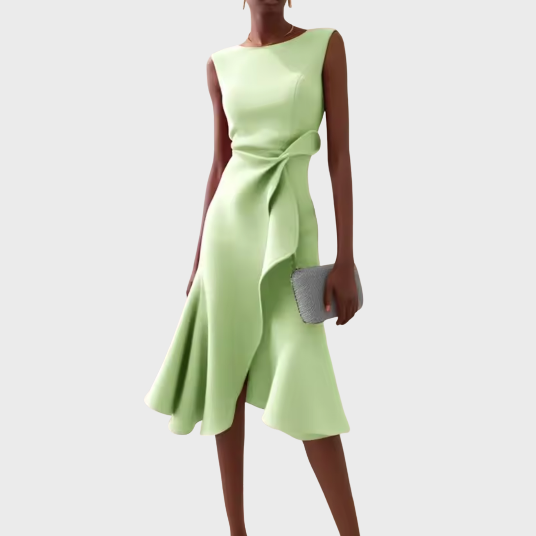 Women's Occasion Woven Midi Dress with Draped Waist and Asymmetric Hem