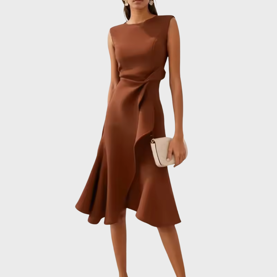 Women's Occasion Woven Midi Dress with Draped Waist and Asymmetric Hem