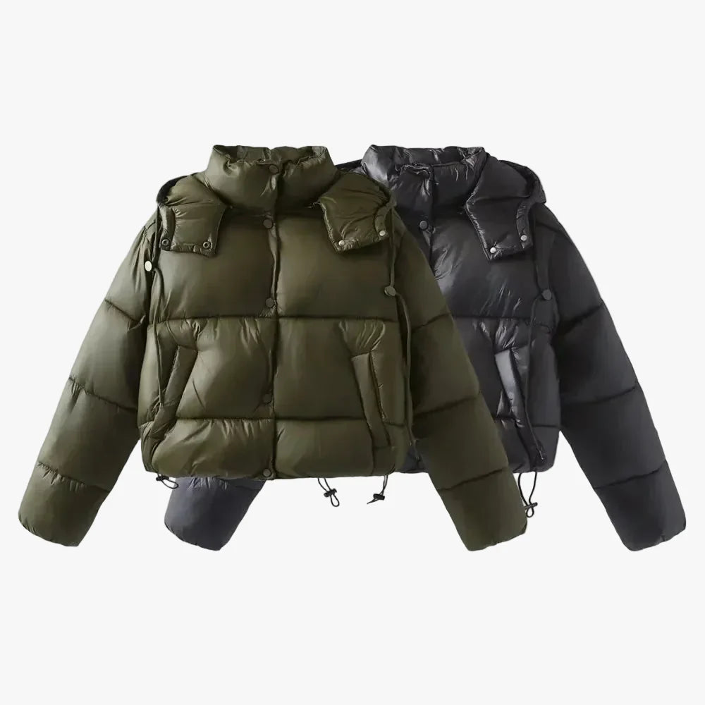 Women's Padded Puffer Jacket with Hood and Snap Closure