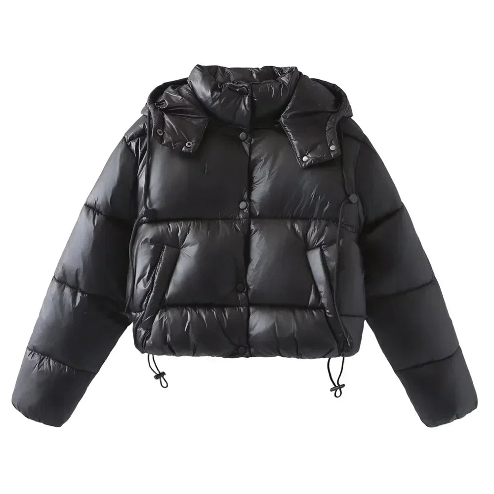 Women's Padded Puffer Jacket with Hood and Snap Closure