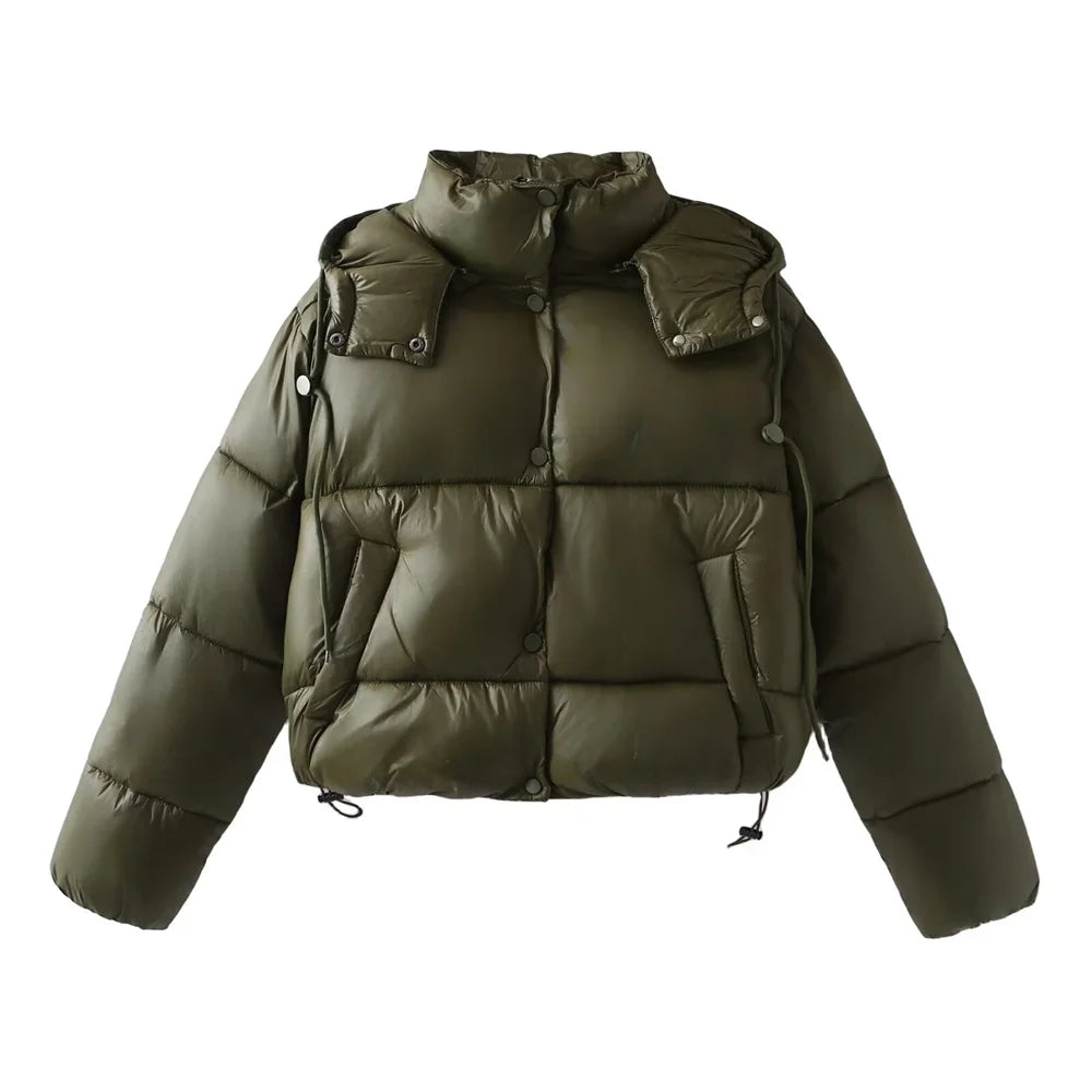 Women's Padded Puffer Jacket with Hood and Snap Closure