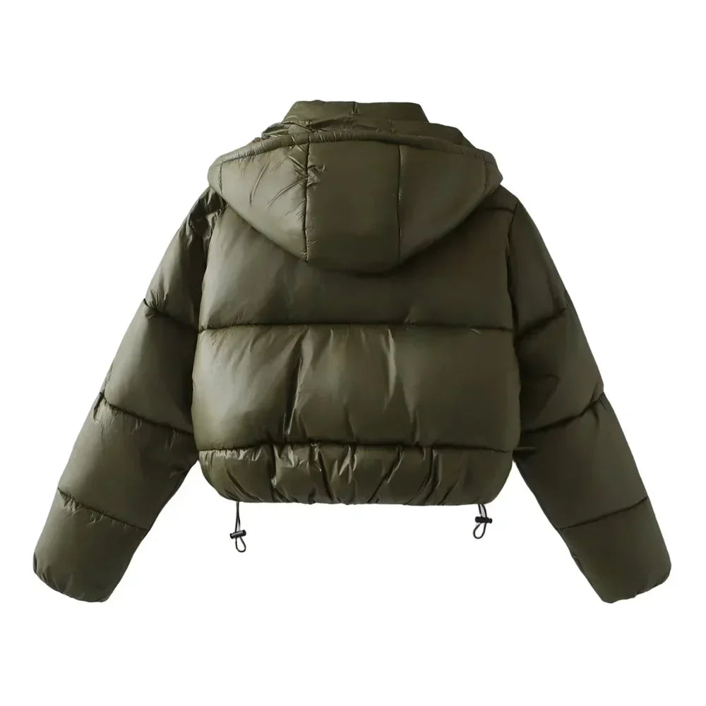 Women's Padded Puffer Jacket with Hood and Snap Closure