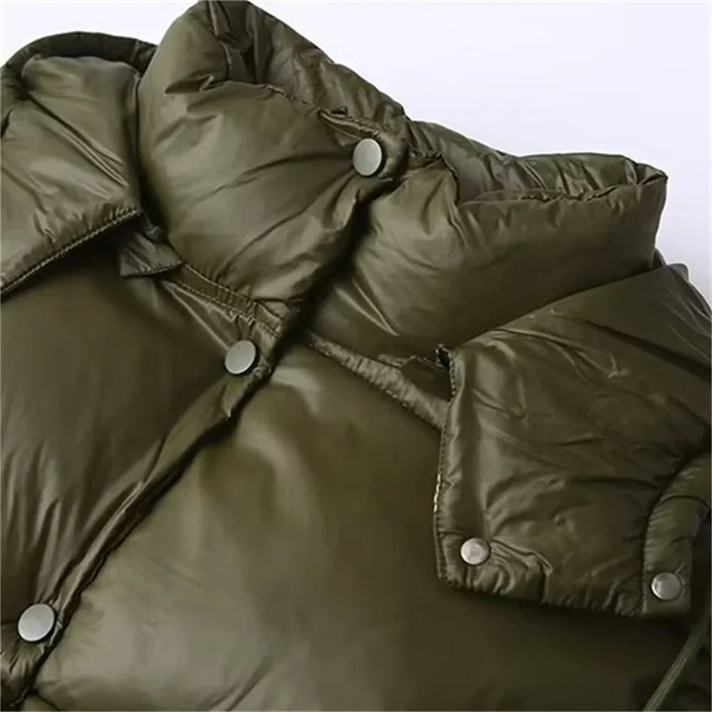 Women's Padded Puffer Jacket with Hood and Snap Closure