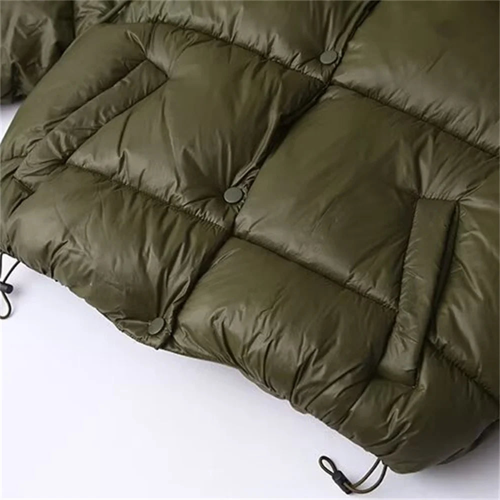 Women's Padded Puffer Jacket with Hood and Snap Closure