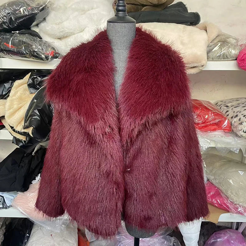 Women's Pile Faux Fur Coat with Shawl Collar and Open Front