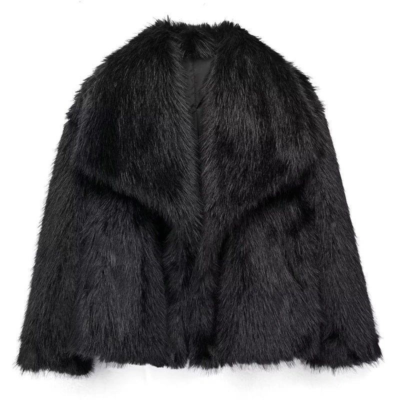 Women's Pile Faux Fur Coat with Shawl Collar and Open Front