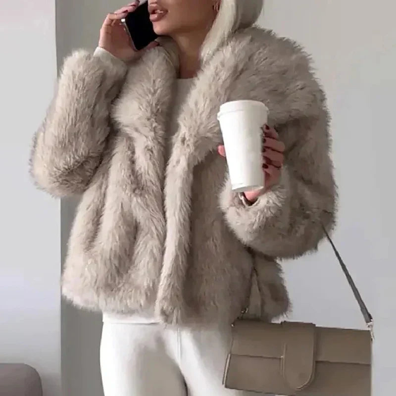 Women's Pile Faux Fur Coat with Shawl Collar and Open Front