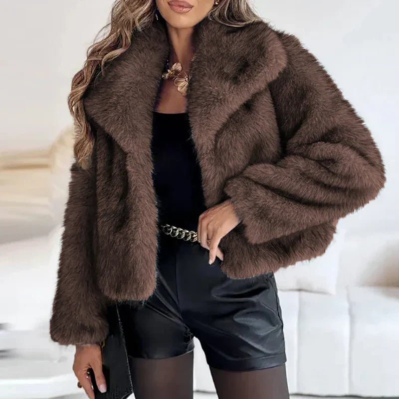 Women's Pile Faux Fur Coat with Shawl Collar and Open Front
