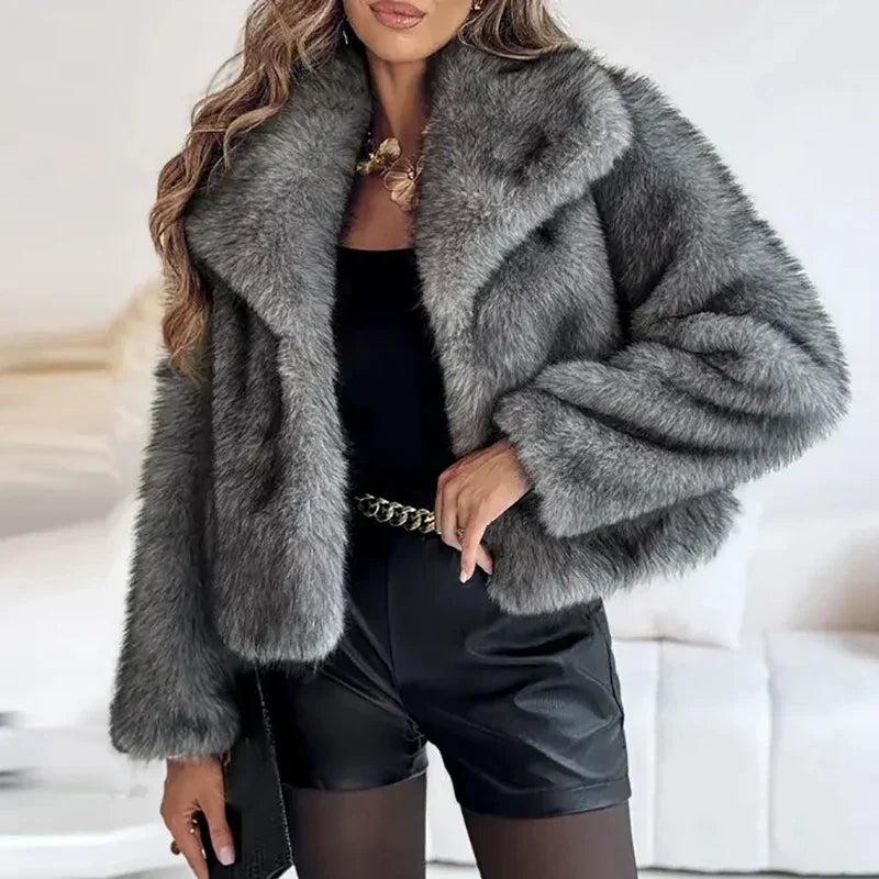 Women's Pile Faux Fur Coat with Shawl Collar and Open Front