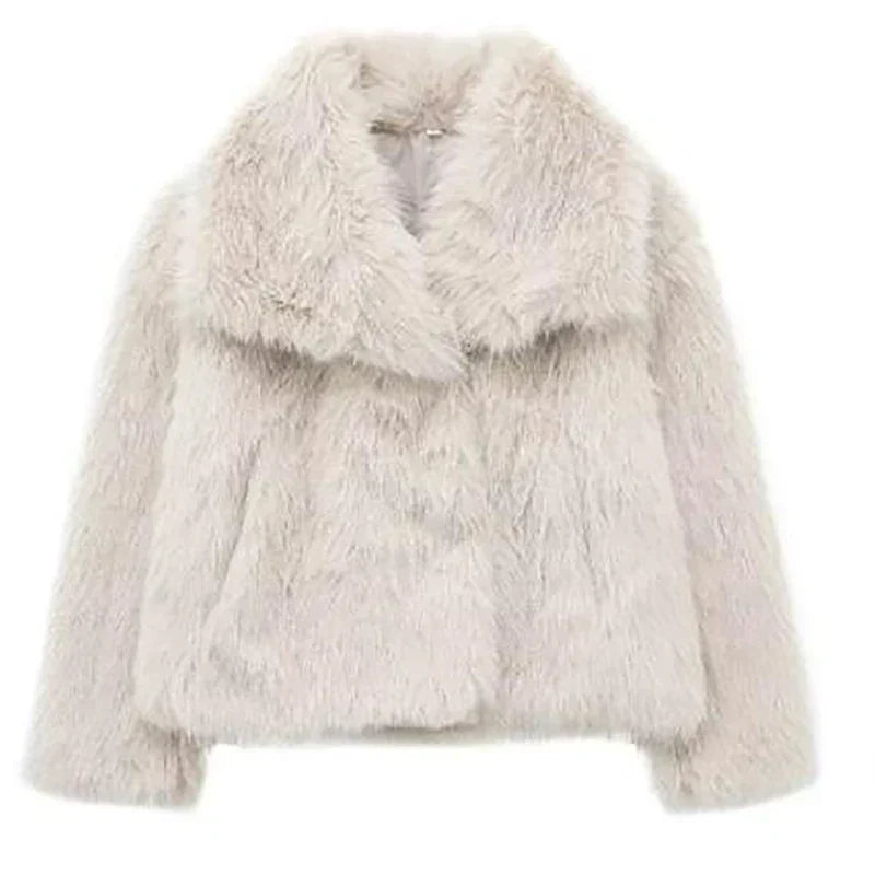 Women's Pile Faux Fur Coat with Shawl Collar and Open Front
