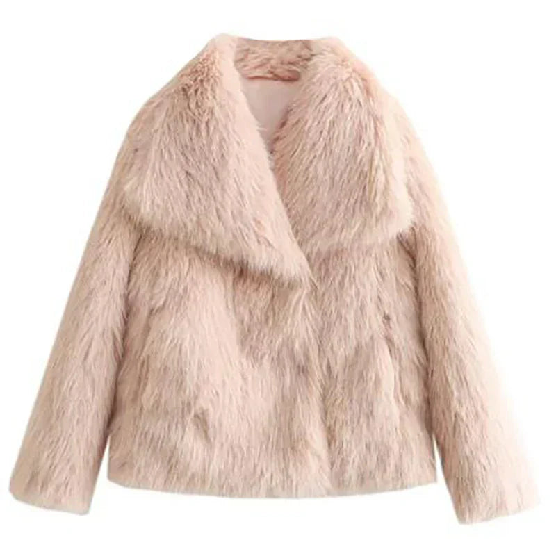 Women's Pile Faux Fur Coat with Shawl Collar and Open Front