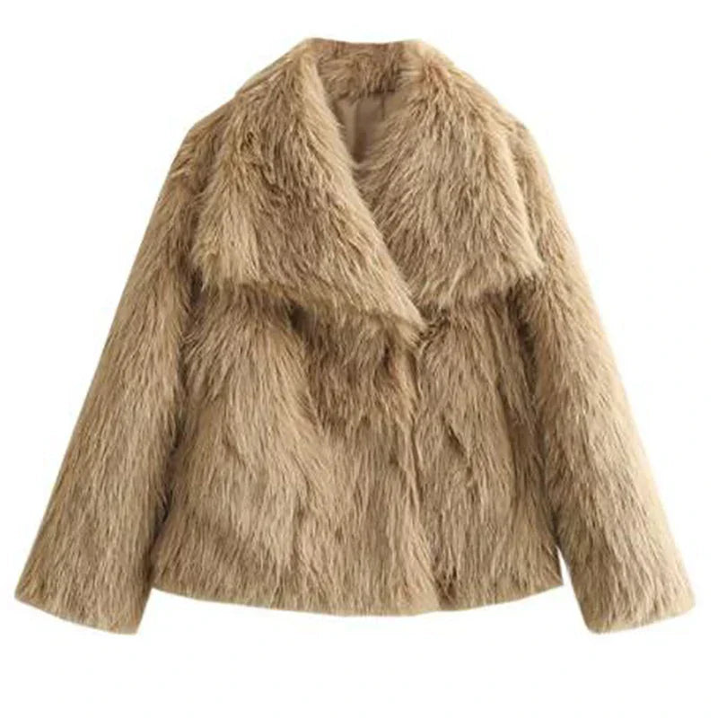 Women's Pile Faux Fur Coat with Shawl Collar and Open Front