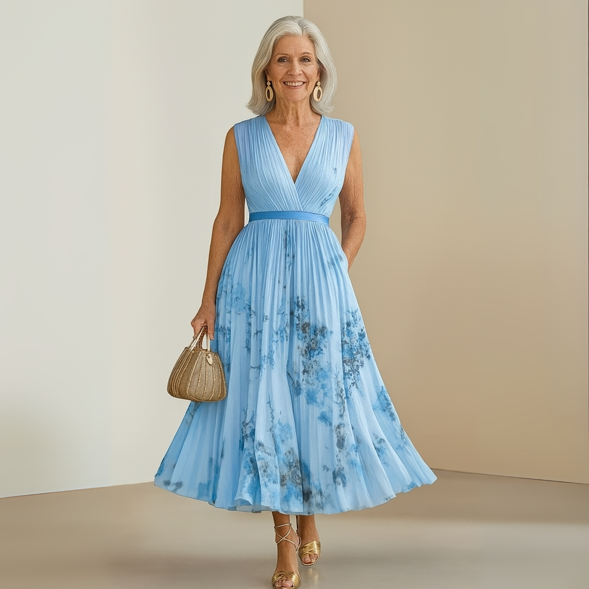 Women's Pleated Chiffon Maxi Dress with V-Neck and Pockets