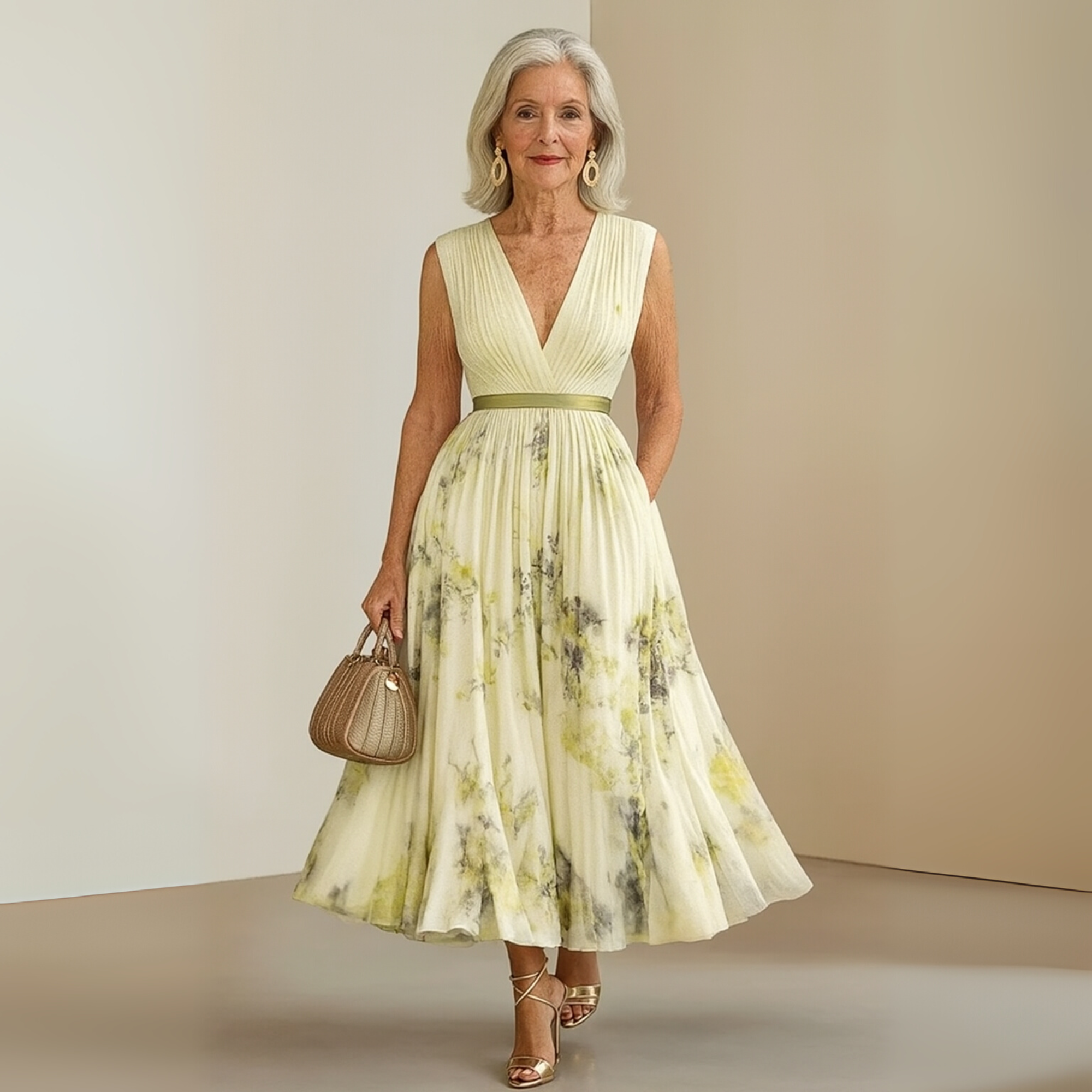 Women's Pleated Chiffon Maxi Dress with V-Neck and Pockets