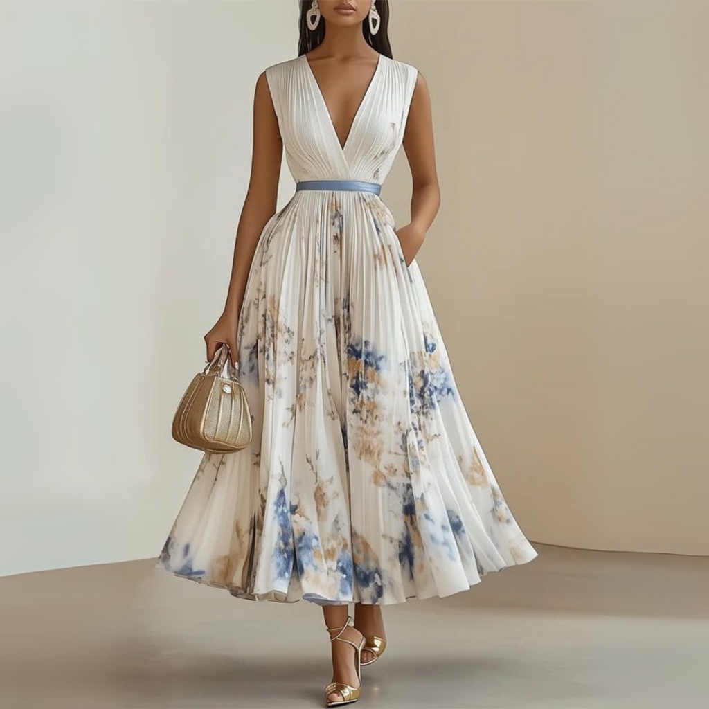 Women's Pleated Chiffon Maxi Dress with V-Neck and Pockets