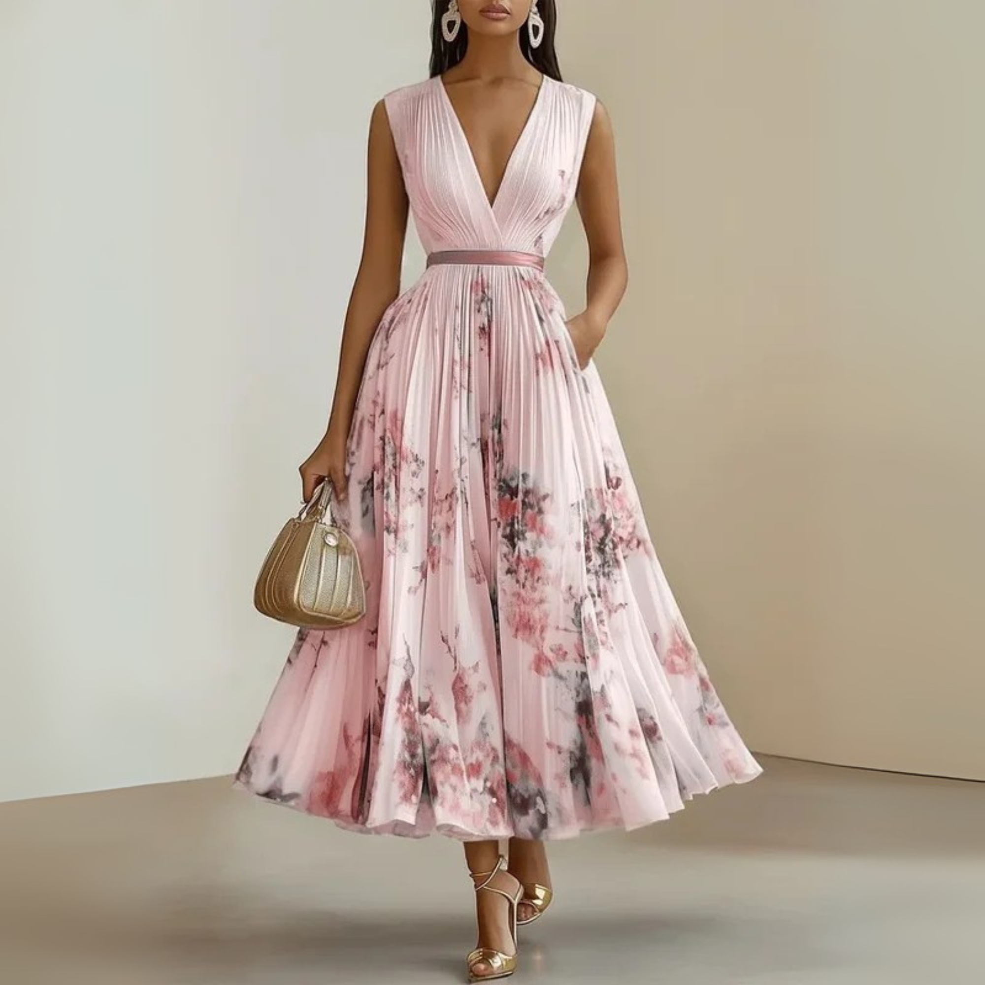 Women's Pleated Chiffon Maxi Dress with V-Neck and Pockets