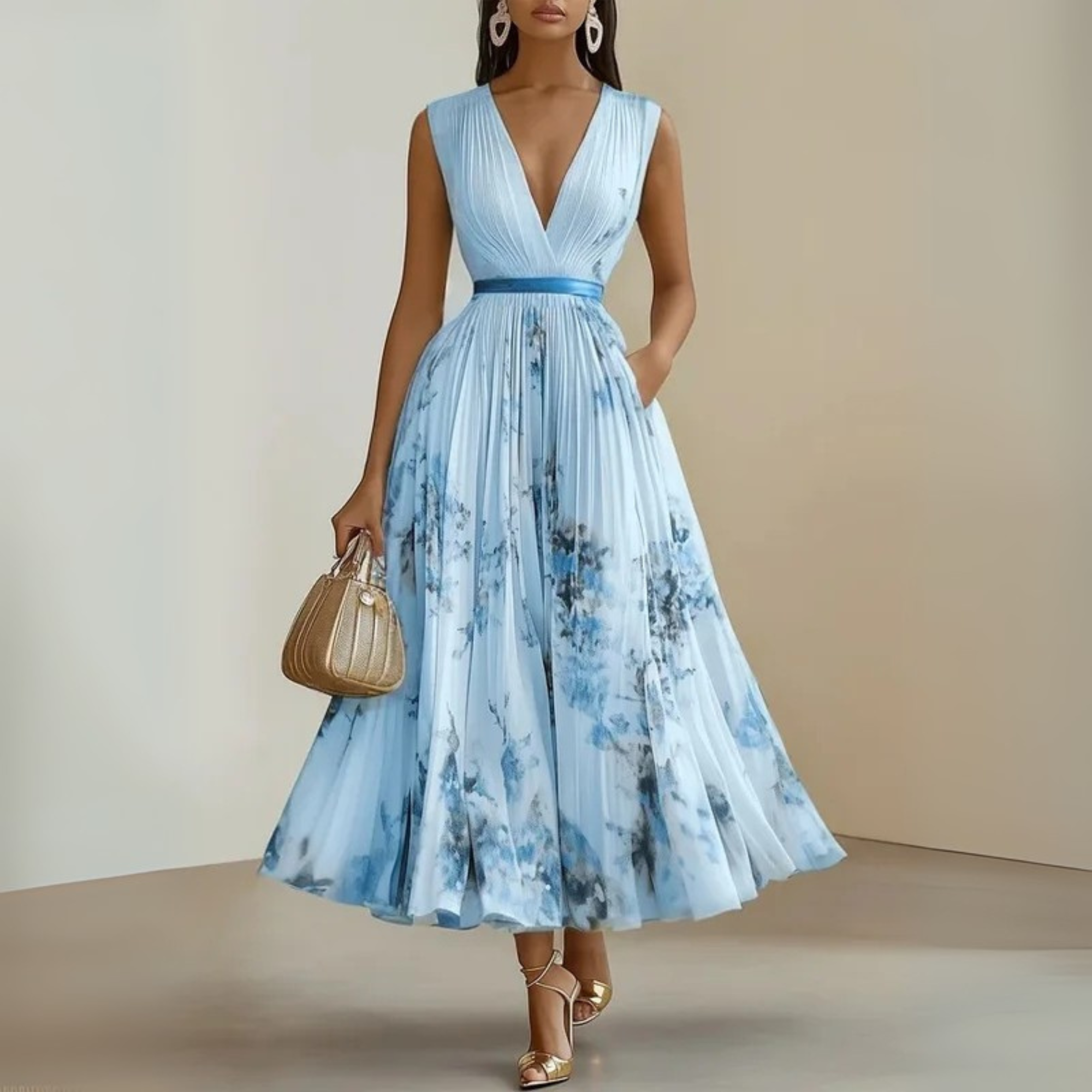 Women's Pleated Chiffon Maxi Dress with V-Neck and Pockets