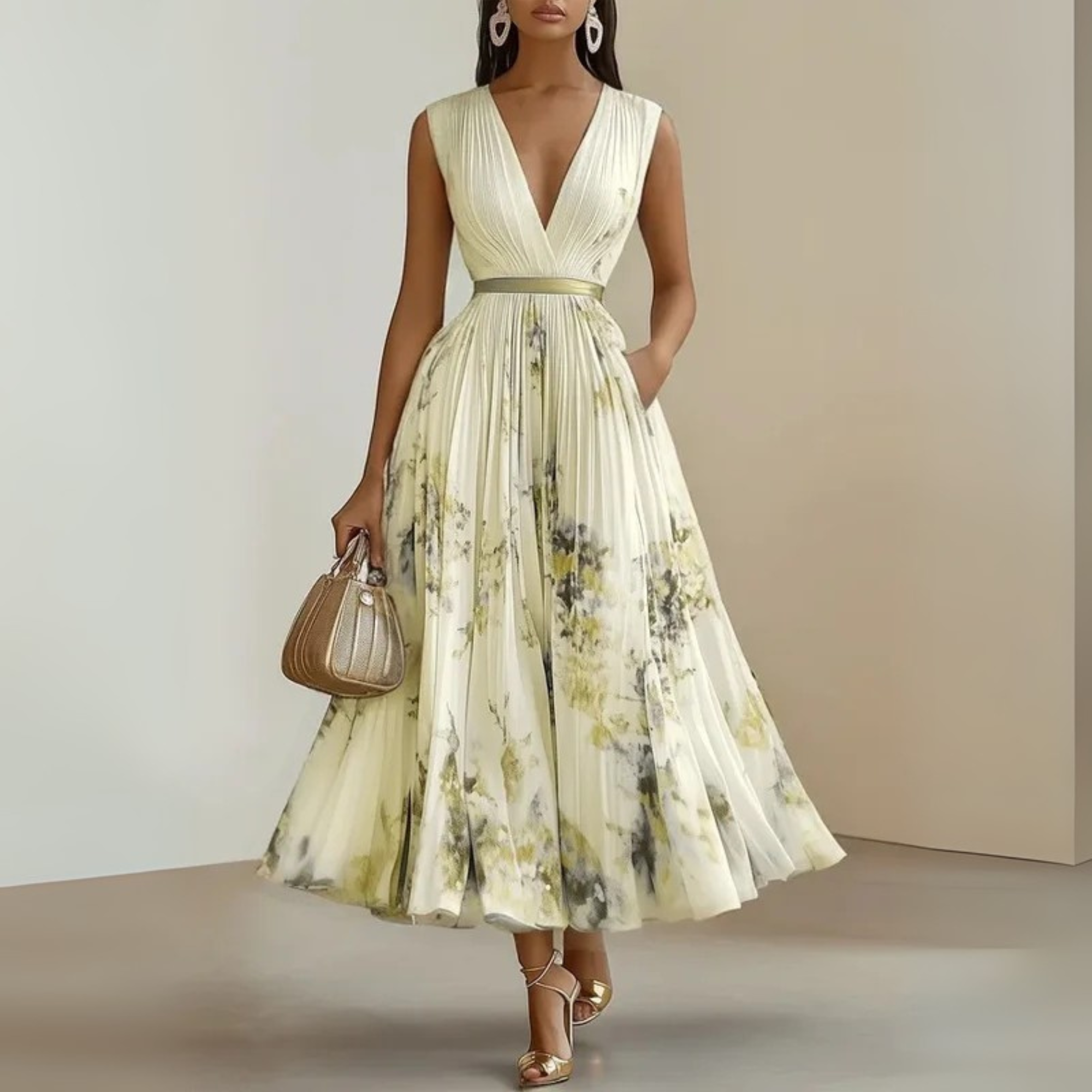 Women's Pleated Chiffon Maxi Dress with V-Neck and Pockets